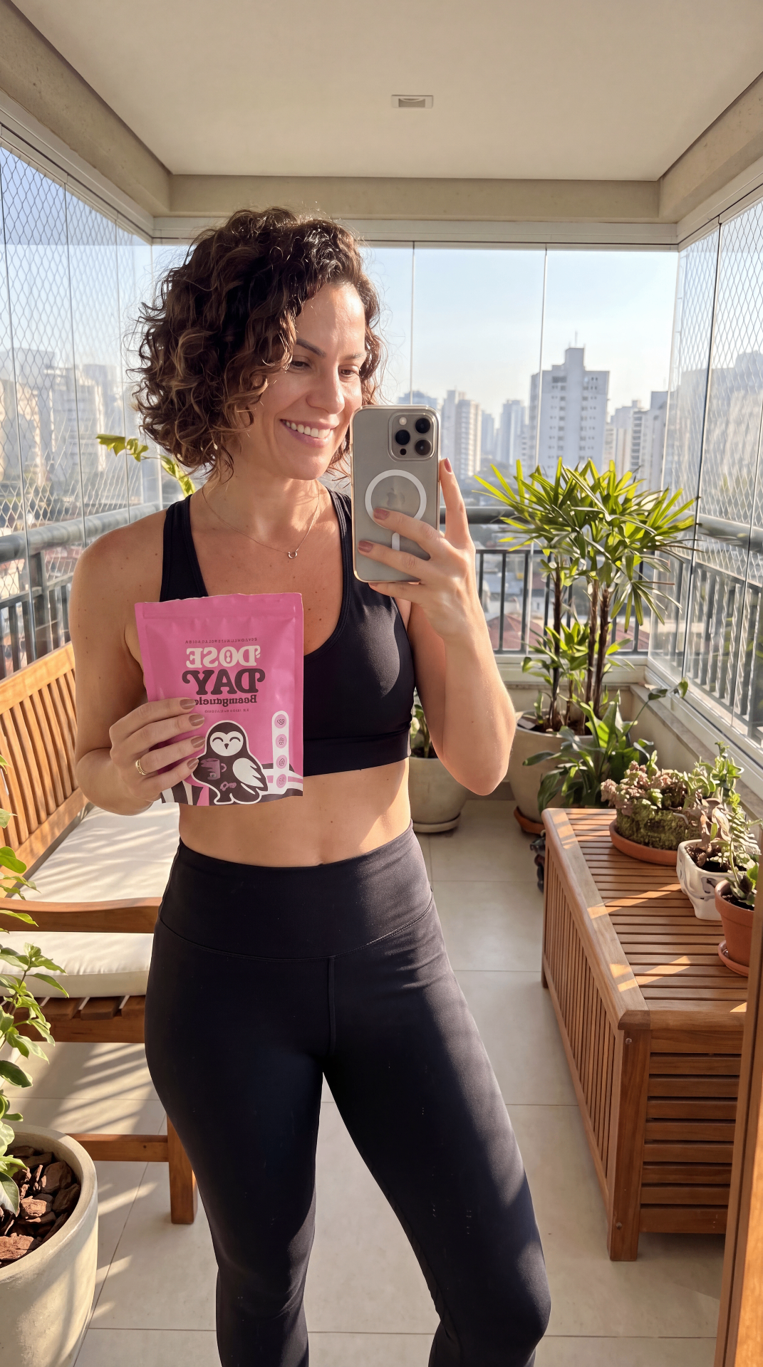 Leitora tirando selfie no espelho segurando o produto Doseday